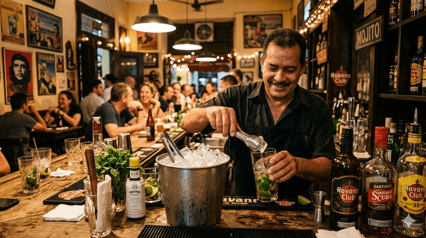 Bartender preparando un mojito en un bar cubano