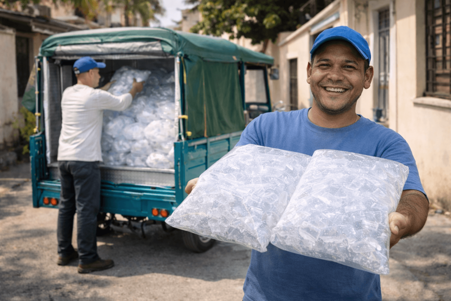 Repartidor sonriente con bolsas de hielo