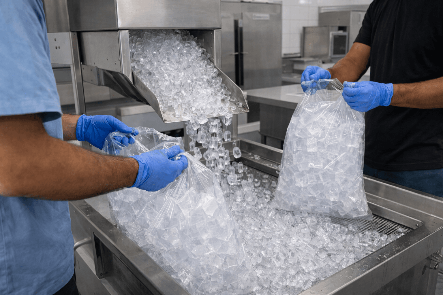 Trabajadores empaquetando cubos de hielo en planta de producción